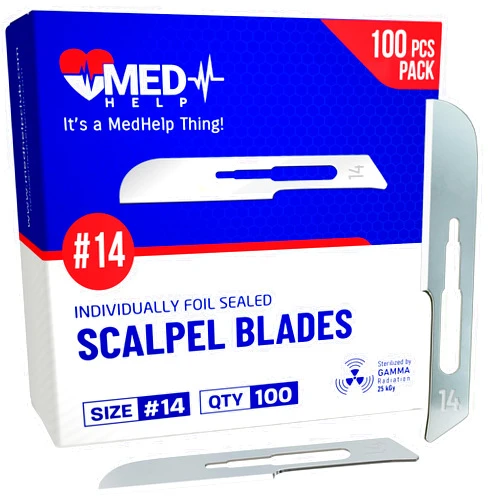 MedHelp Disposable Scalpel Blades #14 Pack of 100, Size 14 Surgical Blades, High Carbon Steel Dermaplane Blades. Individually Wrapped Scapel Blade, Sterile