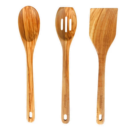 Bloomhouse Italian Olive Wood 3 Piece Extra-Large 14 Inch Turner, Spoon, and Slotted Spoon Set