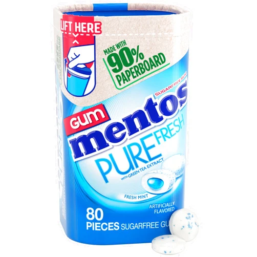 Mentos Pure Fresh Sugar-Free Chewing Gum with Xylitol, Fresh Mint, in a recyclable 90% Paperboard Bottle, 80 Piece (Pack of 1)