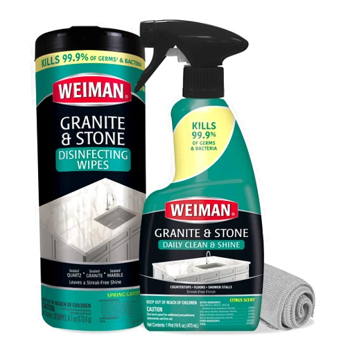 Weiman Disinfectant Granite Cleaner Kit - Safely Clean Disinfect and Shine Granite Marble Soapstone Quartz Quartzite Slate Limestone Corian Laminate Tile Countertops - Packaging May Vary