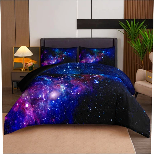 Tailor Shop Galaxy Comforter Set Universe Outer Space Blue and Purple Starry Sky Night Pattern Bedding Set for Girls Boys Kids Queen Size with 1 Comforter 2 Pillowcases……