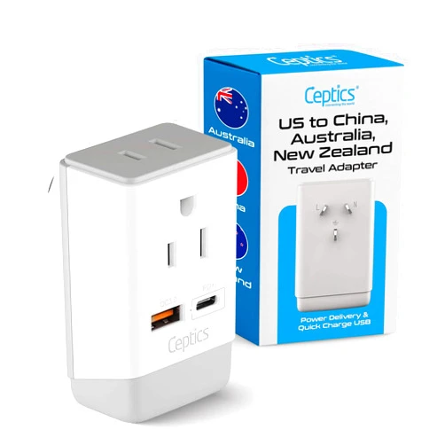 Ceptics Australia China New Zealand Power Plug Adapter, QC 3.0 & PD - Safe Dual USB & USB-C - 2 USA Socket for USA to Australian New Zealand Fiji Argentina, Type I AP-16 Fast Charging