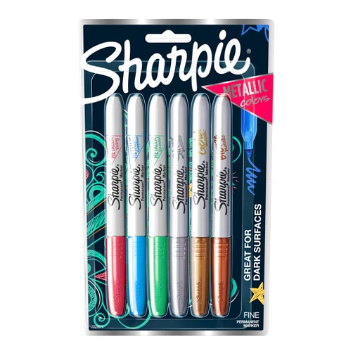Sharpie Metallics Permanent Markers, Fine Tip, Assorted Colors, 6 Pack