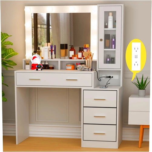 Likein Makeup Vanity Desk and Lights - Vanity Table with Charging Station, Vanity Mirror with Lights Desk, Dressing Table with Nightstand, Glass Door Cabinet and Drawers, White