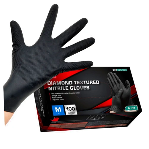 Jointown Basic Heavy Duty Nitrile Gloves, 8 Mil Black Mechanic Disposable Gloves Medium with Raised Diamond Texture, Latex Free, Powder Free Industrial Automotive Work Gloves Box of 100