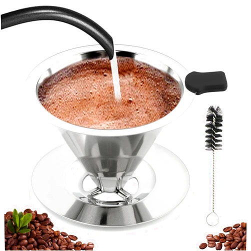 Trasylph Pour Over Coffee Dripper With Cleaning Brush,Upgraded Double Micro Mesh Filter with Cup Stand,Stainless Steel Coffee Filter,Reusable Coffee Filter,Pour Over Coffee Maker(1-2cup)