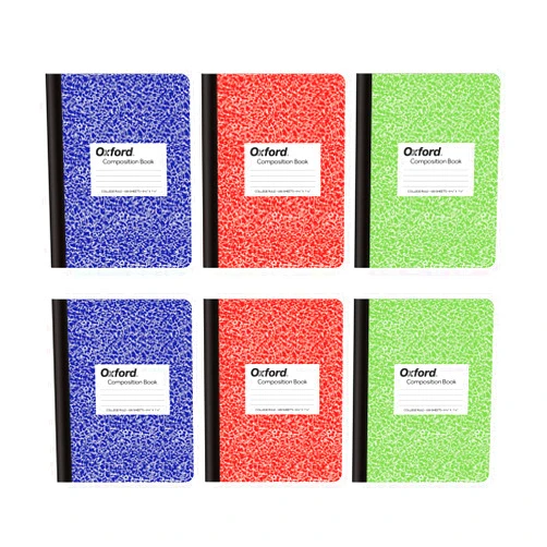 Oxford Composition Notebook 6 Pack, College Ruled Paper, 9-3/4 x 7-1/2 Inches, 100 Sheets, Assorted Marble Covers. 2 Each: Blue, Green, Red (63763)
