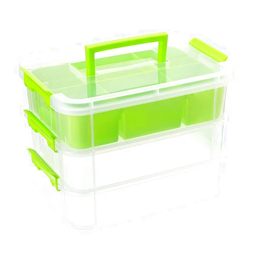 JUXYES 3-Tiers Stack Carry Storage Box With Divided Tray, Transparent Stackable Storage Bin With Handle Lid Latching Storage Container for School & Office Supplies (Green)