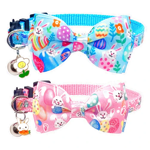 Casidoxi 2 Pack Cat Easter Collar Breakaway with Bell, Bunny Egg Easter Cat Bow Tie Collars with for Cats Puppy Kitten
