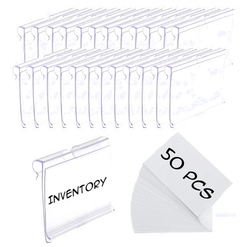 Noleja 50pcs Labels for Storage Bins Plastic Label Clip, Basket Labels Clip On Wire Shelf Price Label Holder Merchandise Sign Display Holder, 50pcs Label Insert Included (2.36IN*1.57IN)