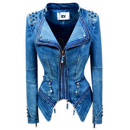 FYL FUYUAN Women's Classic Denim Jacket Personality Studded Punk Motorcycle Dovetail Jacket (M, Blue)