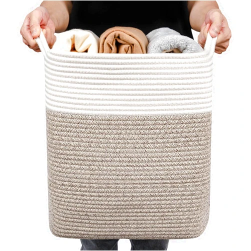 Laughbird Small Slim Laundry Hamper-Large Laundry Basket,Tall Cotton Storage Basket with Handles,Decorative Basket for,Collapsible Large Basket for Toys,Dirty Clothes,Pillows,Clothes Bin(White/Brown)