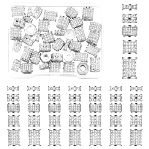 Yinkin 40 Pieces Zircon Rhinestone Beads Tube Column Pave Bead Charms Cubic Zirconia Big Hole Spacer Jewelry Bracelet Connector Crystal for DIY(Silver)