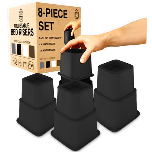 Home Intuition Heavy Duty Adjustable Bed Risers Furniture Riser 3.7, 5 or 8.7-Inch, 4 Pack, 8-Piece Set (Black)