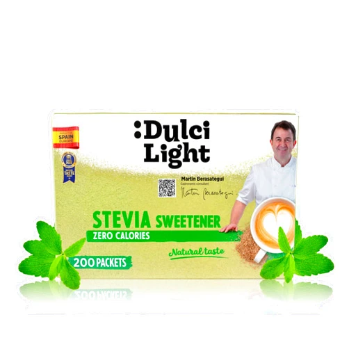 DULCI LIGHT DULCE Y SALUDABLE DulciLight Stevia Sweetener 200 Packets - Natural Taste, Zero Calorie, Keto & Diabetic Friendly | Granulated Stevia Powder with same taste of Sugar- Perfect Sweetener for Drinks & Desserts | Stevia packets.
