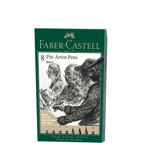 Faber-Castell PITT Artist Pen India Ink Pen - wallet of 8 - colour 199 black - XXS, S, F, M, B, C, 1.5, Fude Hard, (167158)