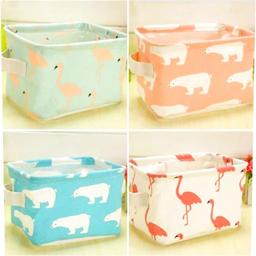 MinoMia Storage Baskets, 4 Pack Foldable Canvas Bins for Baby Toys Makeup, Mini Fabric Home Organizers With Handle for Books Keys (Flamingo & Bear)