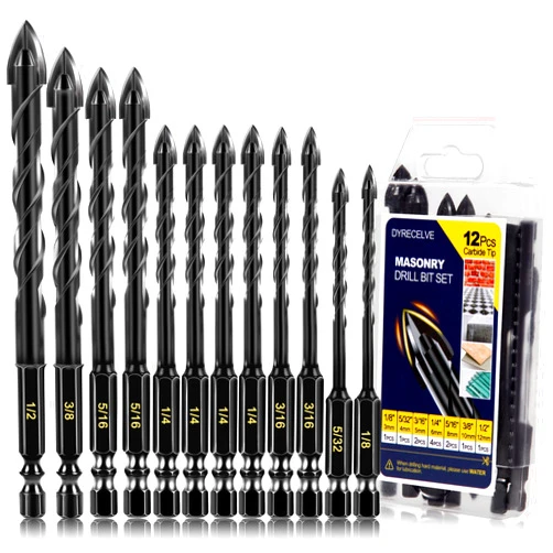 DYRECELVE 12-PCS Concrete Drill Bit Set & Masonry Drill Bit Set, Cement Drill Bits for Concrete Brick Wall, Tile Glass Ceramic, Masonry Drill Bit 1/8 to 1/2 inch Industrial Strength Carbide Cross Drill Bit Tip