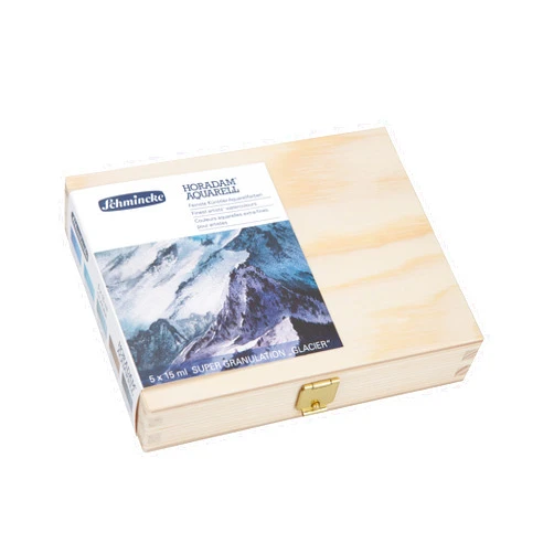 Schmincke - HORADAM® AQUARELL, Super Granulation Set Glacier, 5 x 15 ml tubes, 74 840 097, wooden box, very strong granulating colors, finest supergranulating watercolors