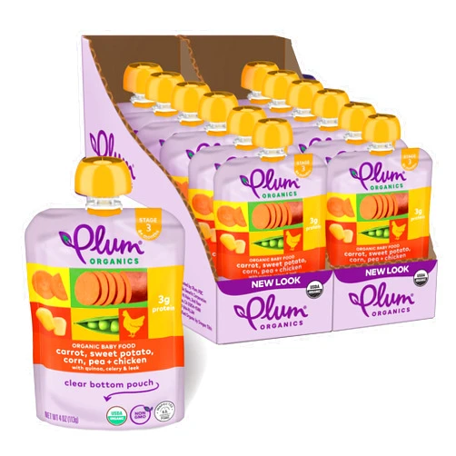 Plum Organics Stage 3 Organic Baby Food - Carrot, Sweet Potato, Corn, Pea, and Chicken - 4 oz Pouch (Pack of 12) - Organic Baby Food Pouch