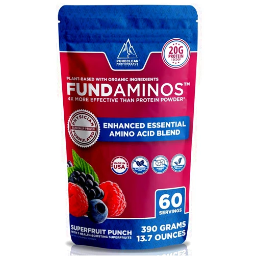 PureClean Performance FundAminos Blend - 100% Organic & Vegan EAA & BCAA Powder for 400% Greater Lean Muscle, Faster Recovery & Strength Vs. Protein Powder - Clinically Tested Post Workout - Real Superfruits - 60 Servings