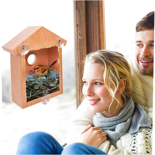 Accrie Outdoor Wooden DIY Bird Nest Cage Bird Feeder with Suction Cup Window Decorations