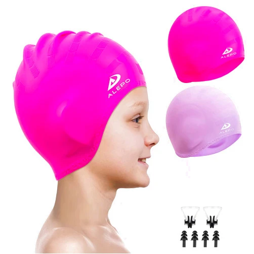 Alepo 2 Pack Kids Swim Caps for Boys Girls, Durable Silicone Swimming Cap with 3D Ear Pockets for Age 3-15 Toddler Child Youth Teen, Unisex Swim Bath Hats for Short/Long Hair with Ear Plugs Nose Clip