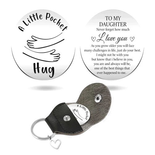 Aeiniweraabbcc FIRXLY To My Daughter Pocket Hug Token with Leather Keychain, Inspirational Stainless Steel Double Sided Coin Long Distance Relationship Keepsake for Daughter Birthday Graduation Christmas Gift