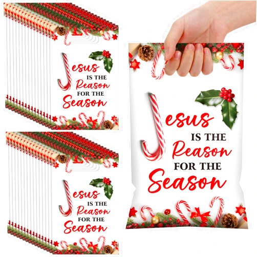 Panelee 100 Pcs Jesus Is the Reason for the Season Gift Bags with Handle Xmas Candy Canes Treat Bags Christmas Religious Plastic for Event Home School Office Party Supplies Decoration