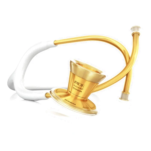 MDF Instruments MDF White Glitter Gold ProCardial Cardiology Stethoscope, Limited Edition Mprints, Lightweight Titanium, Adult, Dual Head, White Glitter Tube, Gold Chestpiece-Headset, MDF797TGL29K