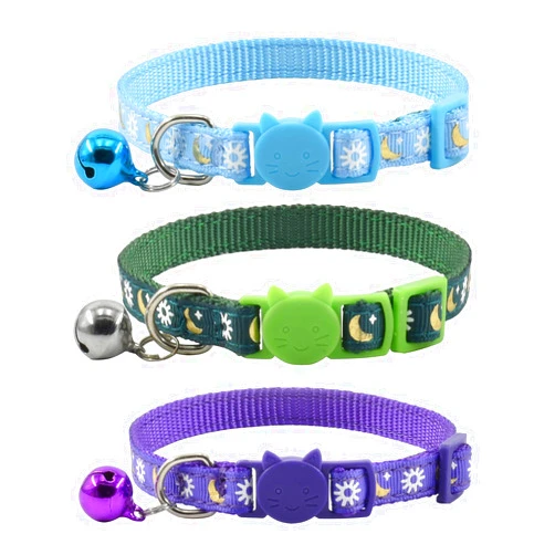 XPangle 3 PCS Breakaway Cat Collar with Bell, Moon Cat Collar Adjustable Cute Kitten Collars Soft for Cat Puppy 7-10.2in (Blue Green Purple)