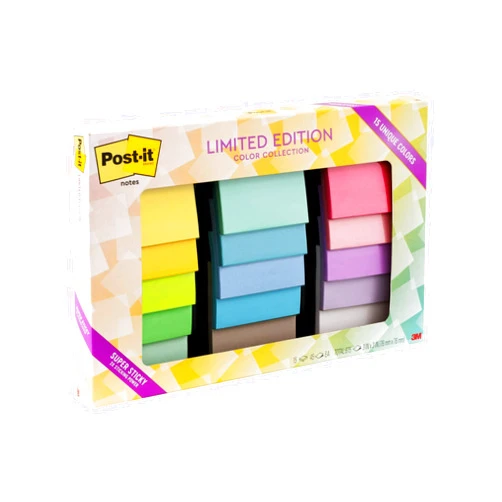 Post-it Super Sticky Notes, Limited Edition Color Collection, 3x3 in, 15 Pads/Pack, 45 Sheets/Pad