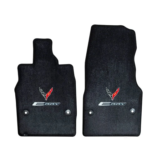 Lloyd Mats Custom Fit Floor Mats for Corvette C8 E-Ray 2024-ON LogoMat 2Pc Set - Silver Flags & Silver on Black e-Ray