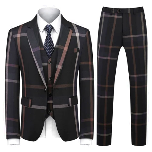 KUDORO Mens Suits 3 Piece Check Plaid Suit Single Breasted One Button Jackets Formal Dress Party Prom Tuxedo Suits Blazer Set