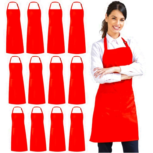 Syntus 12 Pack Bib Apron, Unisex Aprons Adjustable Waterdrop Resistant with 2 Pockets Cooking Kitchen Apron for Chef, BBQ Drawing Apron Bulk, Red