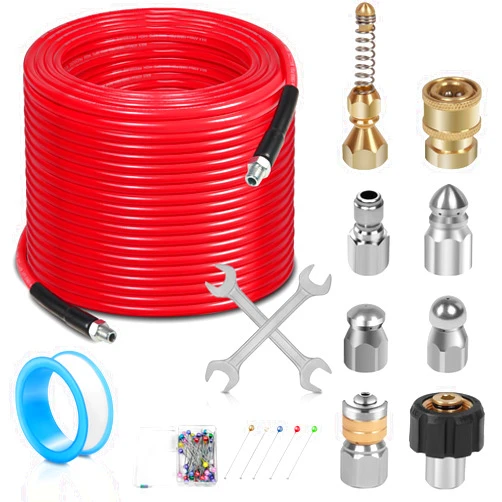Dingbaayee 50FT Sewer Jetter Kit for Pressure Washer, 1/4''NPT Drain Cleaner Hose 5800PSI, Pressure Washer Cleaning Kit with Corner Rotating Button Sewer Jetting Nozzles, Quick Connect Set