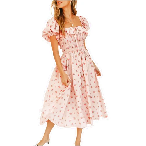 R.Vivimos Womens Summer Floral Print Puff Sleeves Vintage Ruffles Midi Dress