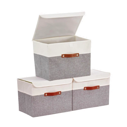 DECOMOMO Fabric Storage Bins with Lid, Storage Baskets for Shelves Toy Box (Grey and White, 3 Pack)