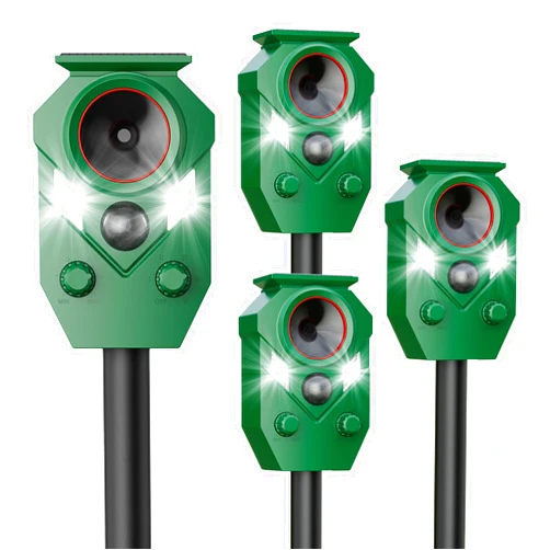 PEXPEL 4 Pack Solar Deer Repellent Devices with Motion Sensor & LED Lights, Waterproof Cat Repellent Outdoor, Ultrasonic Animal Repeller Repels Dog, Raccoon, Skunk, Coyote for Garden, Yard & Lawn