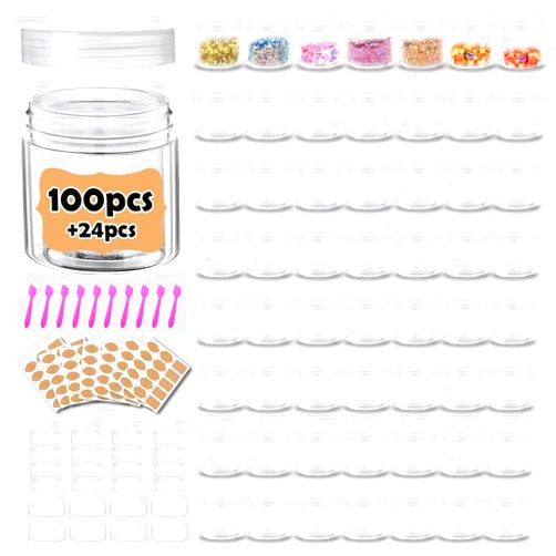 AMORIX 2 oz Plastic Containers with Lids 100pcs Plastic Jars with Clear Lids + 3/5/10 Gram 24pcs Sample Containers Travel Jar– Great for Lip Scrub, Body Butters, Cream, Lotion, Labels & Spatulas (124 Pack)