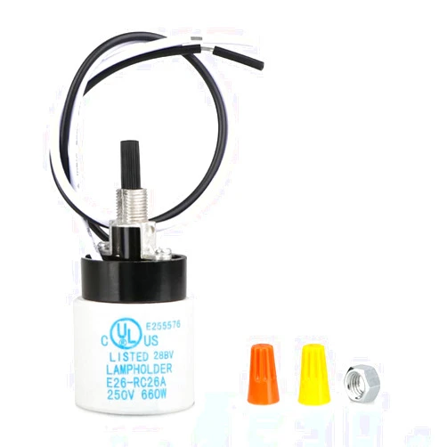 Helunsi E26 E27 Ceramic Light Socket with Rotary Knob Switch, Helunsi Porcelain E26 Light Socket, Medium Base Lamp Holder with 12 Inch Wire Lead, Replacement E26 Edison Halogen Incandescent LED Bulbs - 1 Pcs