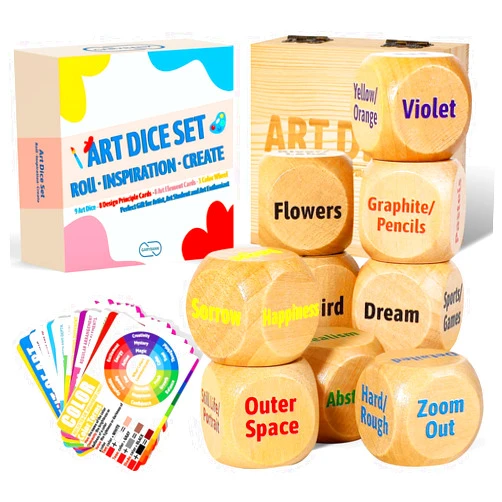 Garybank Inspiration Art Dice Gifts for Artists, W/Drawing Principles Cards - Color Wheel & Painting Knowledge, Art Supplies for Women, Set of 9 Creativity Dice, Cool Artist Teacher Gifts