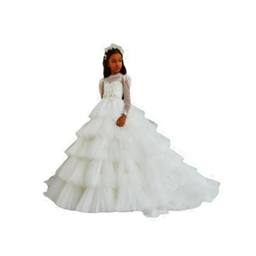 FUSLW Flower Girl Dresses for Wedding Long sleeve Tulle Tiered Ruffles Princess Pageant Ball Gowns