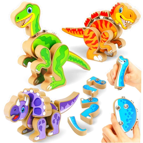 Coogam Build Your Own Dinosaurs Toy, Snap Together Building Dinosaurs Playset, Wooden STEM Take Apart Dinosaur Builder, Montessoi Fine Motor Building Toy Gift for 3 4 5 Years Old Kids