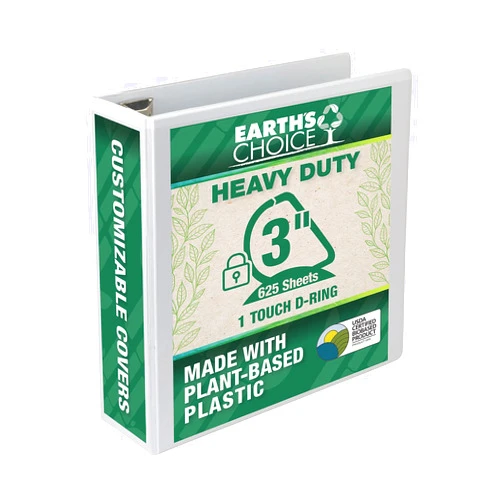 Samsill Earth’s Choice Biobased Heavy-Duty 3 Ring View Binder, 3 Inch Locking One Touch D-Ring, USDA Certified Biobased, Eco-Friendly, Customizable Clear View Cover, White