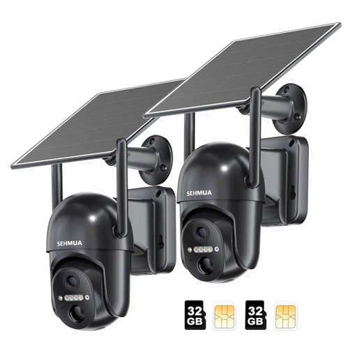 SEHMUA 4G LTE Cellular Solar Security Camera Wireless Outdoor, No WiFi Solar Powered Camera, 360° Live View, 2K Color Night Vision, PIR Motion Sensor, 2 Way Talk, 2 Packs