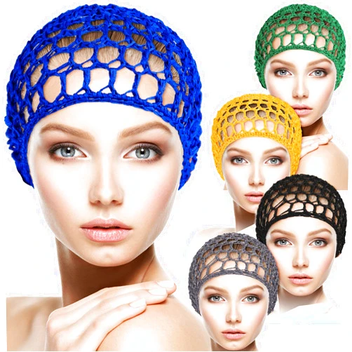 CACASO 5Pcs Crochet Hair Net,Crocheted Thick Short Hair Net Cap,Women Mesh Hair Net,Rayon Knit Snood Hat,Women Hairnet Snoods Cover Ornament for Sleeping,Women Hair Accessories(Black,Blue,Gray,Yellow,Green)