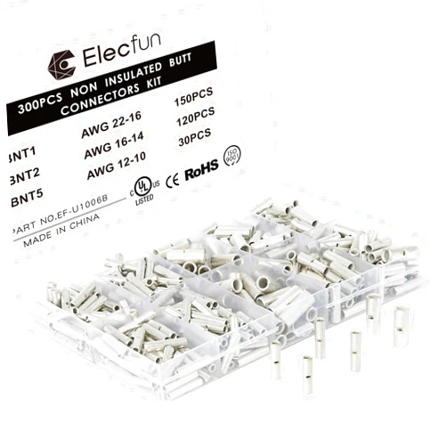 ELECFUN 300pcs Non Insulated Butt Connectors Kit 22-10 Gauge Uninsulated Butt Connector 22-16AWG, 16-14AWG, 12-10AWG Electrical Wire Crimp Ferrule Terminals