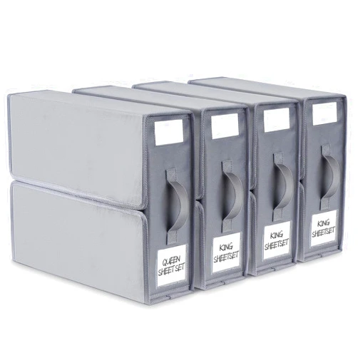 BIKTIC SheetCube Bed Sheet Organizers and Storage,4 Pack Sheet Folder Organizer (Queen or King Size), Linen Closet Organizer for Bedding Sheets,Duvet Covers and Pillow cases,Grey