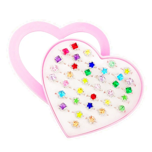 SUNMALL 36 pcs Little Girl Play Rings, Adjustable Rhinestone Gem Rings in Box, Children Kids Jewelry Rings Set with Heart Shape Display Case, Girl Pretend Play and Dress up Rings for Kids